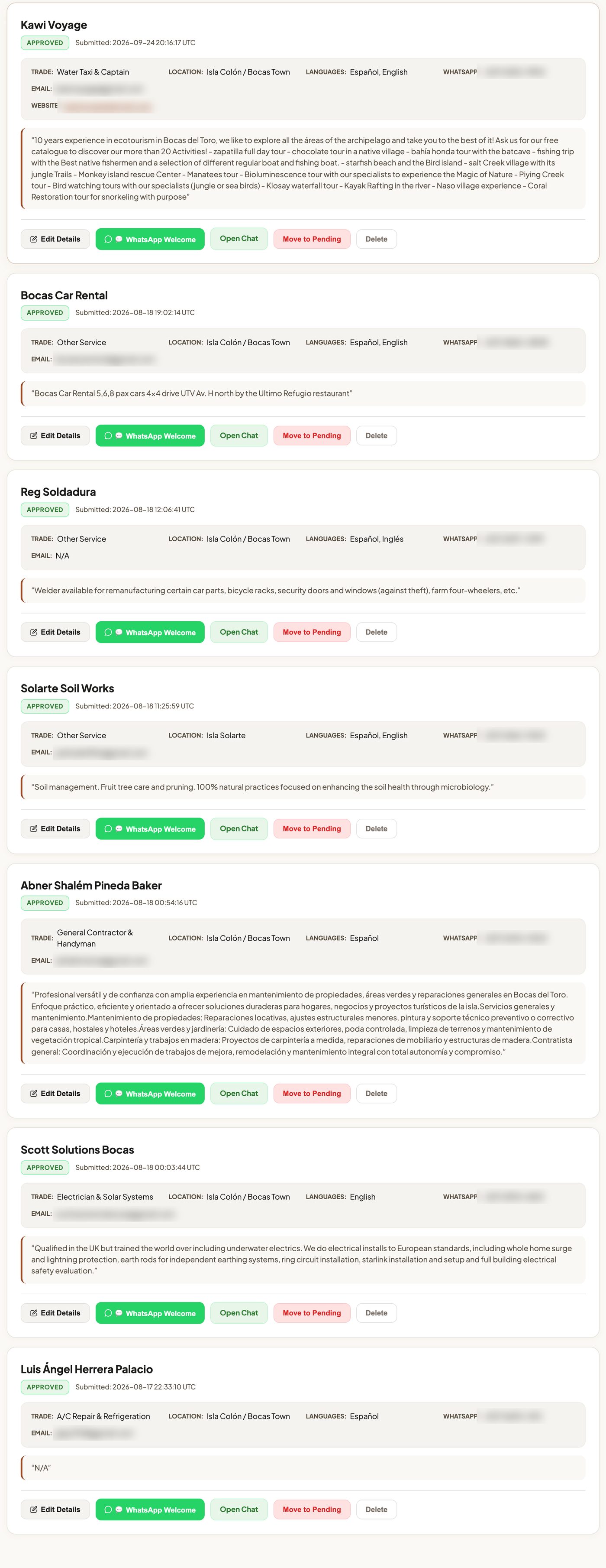 Our admin page: approved providers with trade, location and description, contact details blurred
