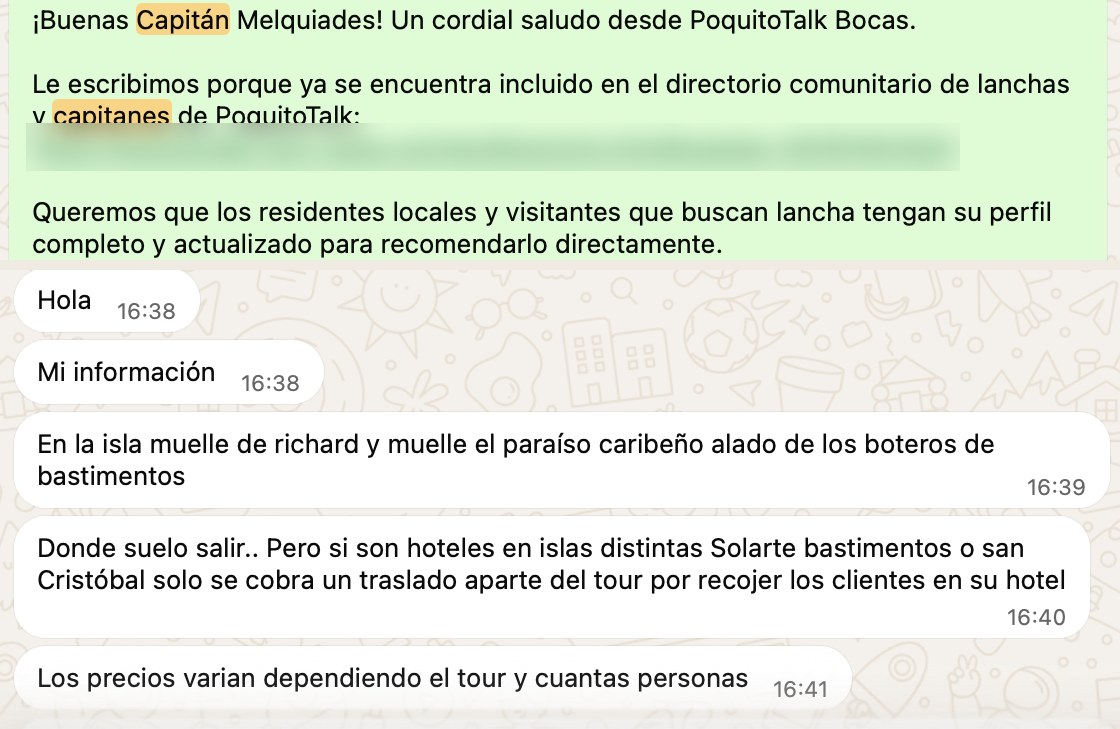 WhatsApp conversations with local boat captains, names blurred