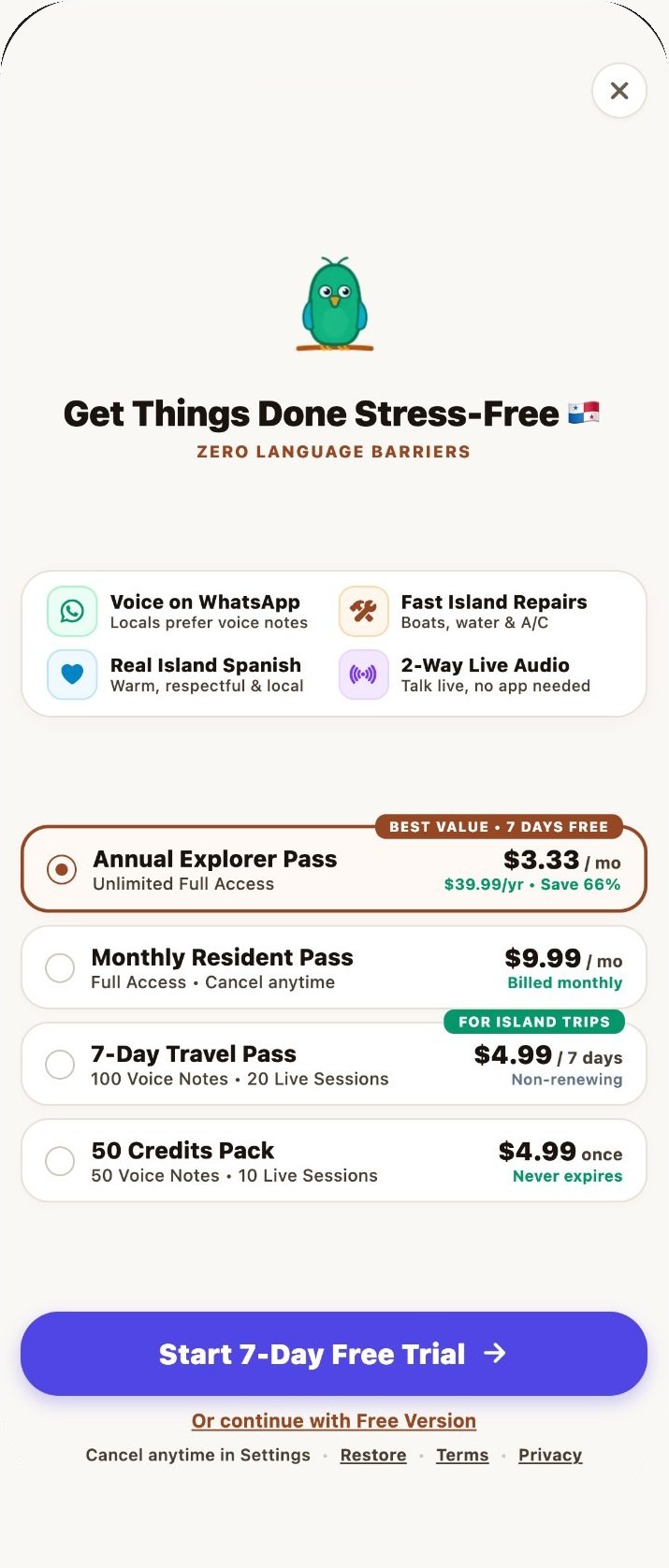 Revised paywall with indigo purchase buttons