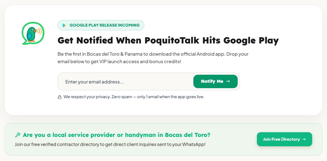 The PoquitoTalk website on August 11: Get notified when PoquitoTalk hits Google Play, with an email field and a Notify Me button