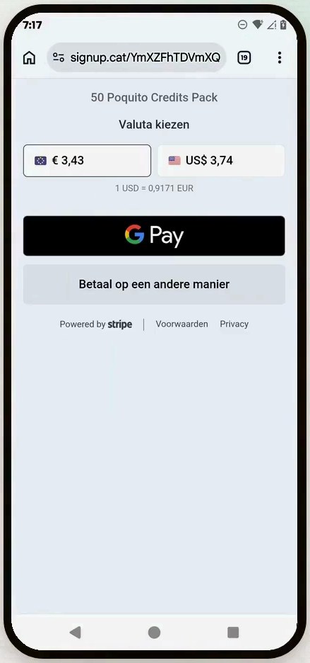 Stripe checkout with Google Pay for the 50 Poquito Credits Pack