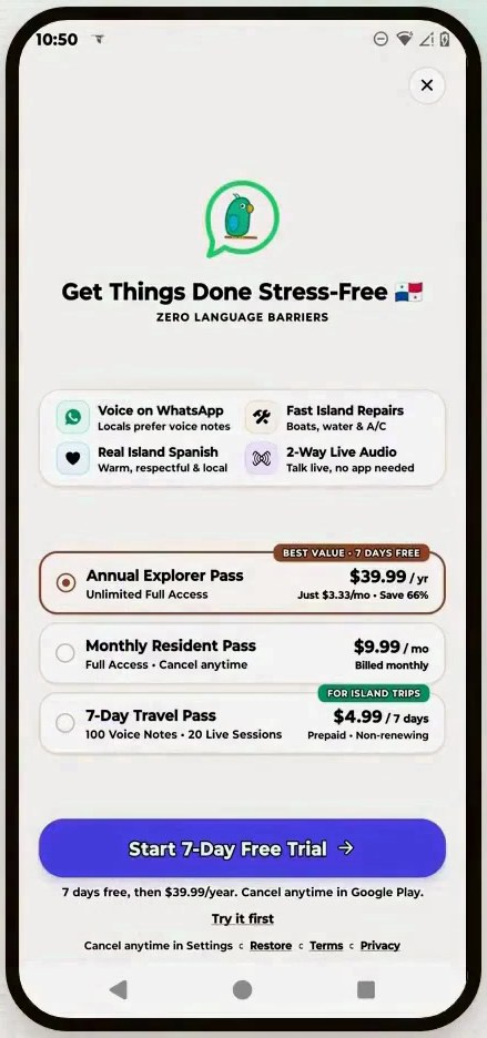 PoquitoTalk paywall in the Android app with three plans